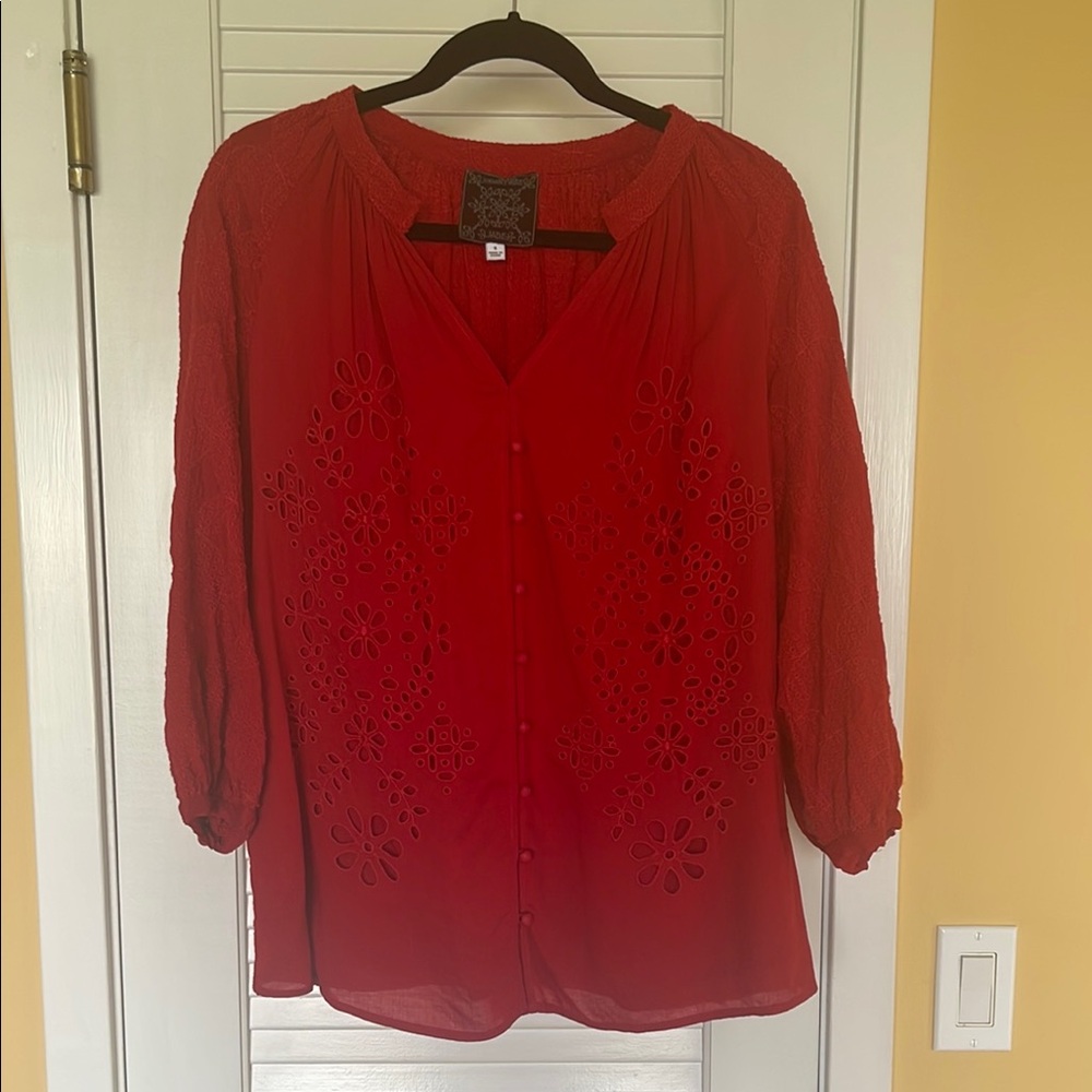 Red Embellished 3/4 Sleeve Blouse